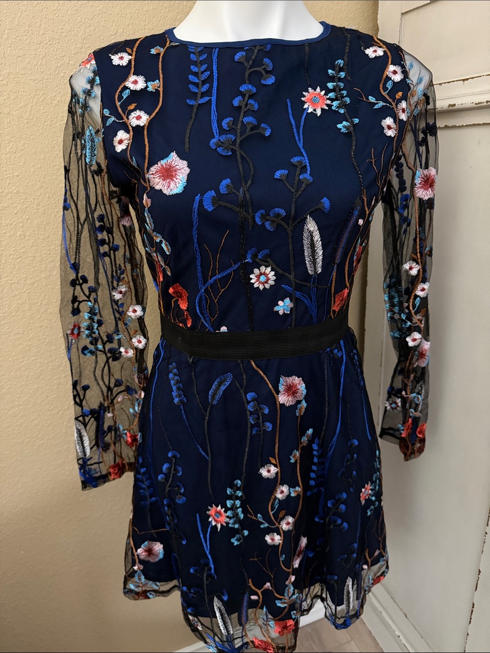 CBR Navy Floral Embroidered Long-Sleeve Dress